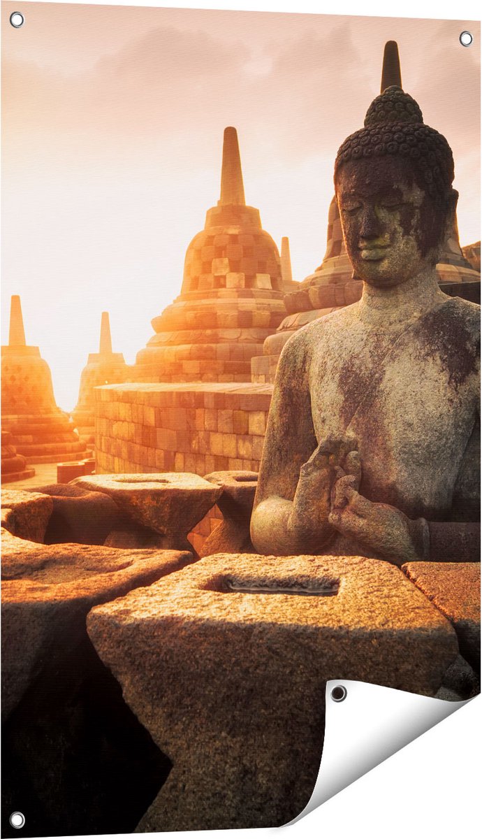 Gards Tuinposter Boeddha Beeld in een Tempel - 60x90 cm - Tuindoek - Tuindecoratie - Wanddecoratie buiten - Tuinschilderij Multikleur