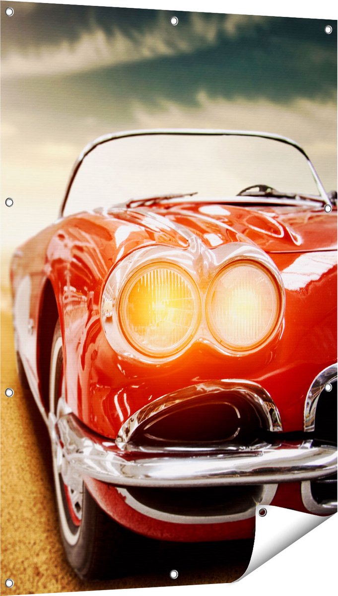 Gards Tuinposter Oude Rode Auto - Retro - 80x120 cm - Tuindoek - Tuindecoratie - Wanddecoratie buiten - Tuinschilderij Multikleur