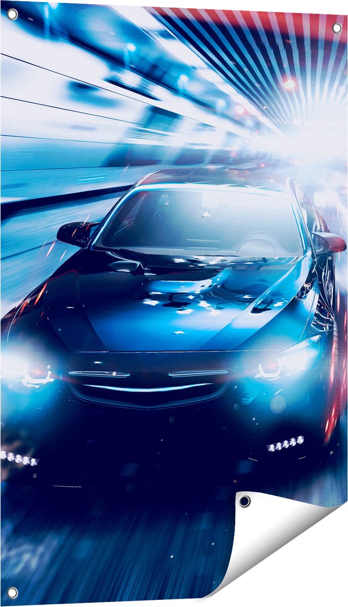Gards Tuinposter Zwarte Sportwagen Auto - Abstract - 60x90 cm - Tuindoek - Tuindecoratie - Wanddecoratie buiten - Tuinschilderij Multikleur