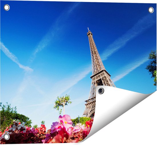 Gards Tuinposter Eiffeltoren in Parijs met Bloemen - 50x40 cm - Tuindoek - Tuindecoratie - Wanddecoratie buiten - Tuinschilderij
