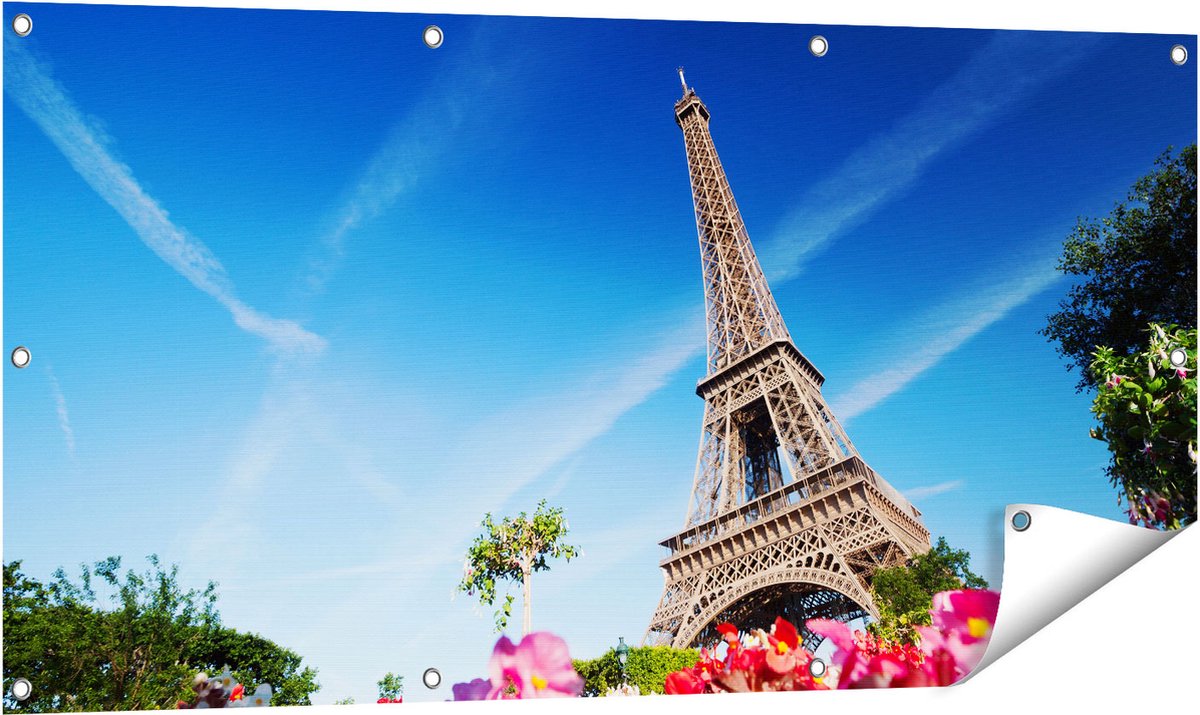 Gards Tuinposter Eiffeltoren in Parijs met Bloemen - 120x60 cm - Tuindoek - Tuindecoratie - Wanddecoratie buiten - Tuinschilderij Multikleur