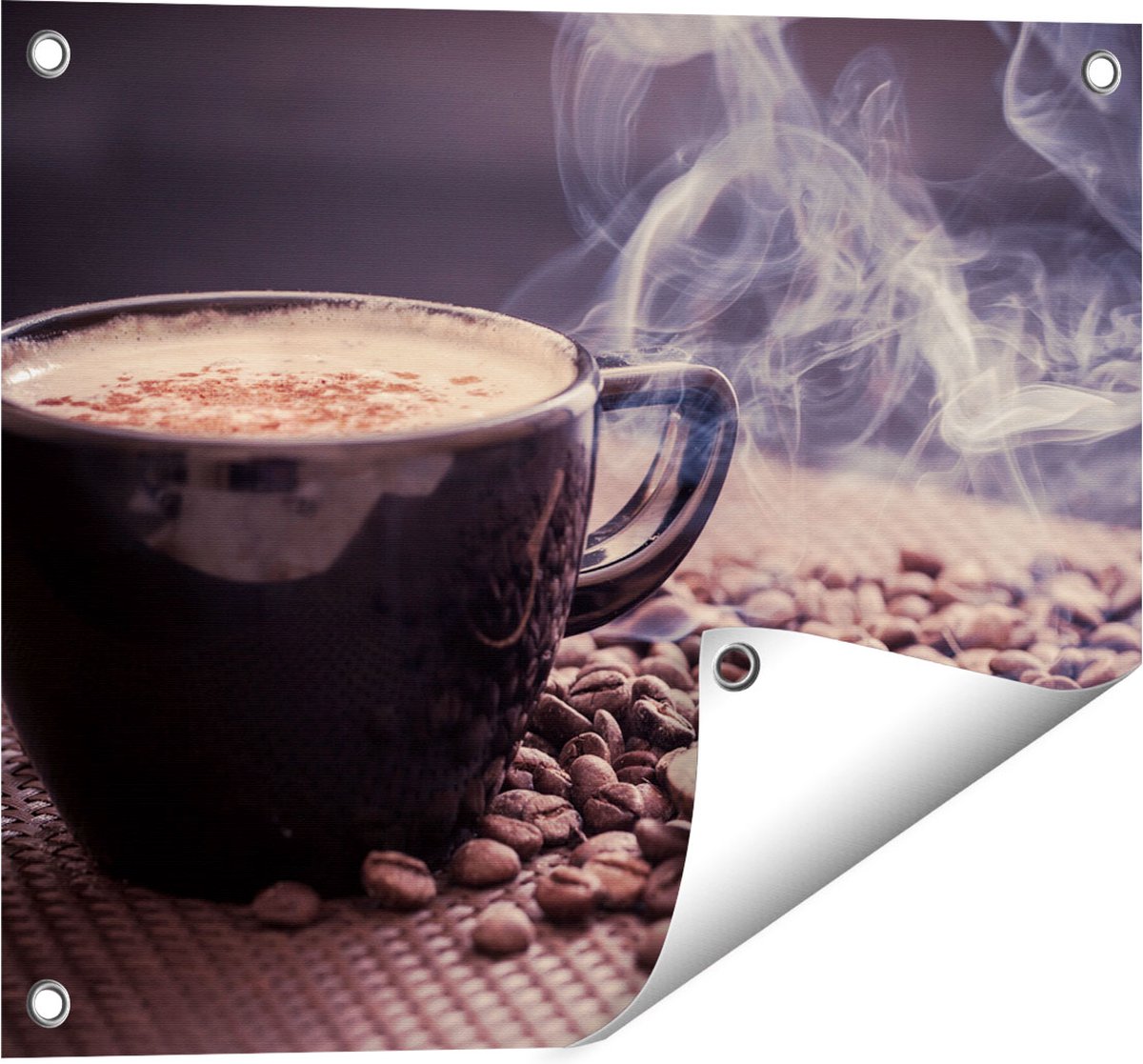 Gards Tuinposter Hete Koffie Kop met Koffiebonen - 50x40 cm - Tuindoek - Tuindecoratie - Wanddecoratie buiten - Tuinschilderij Multikleur