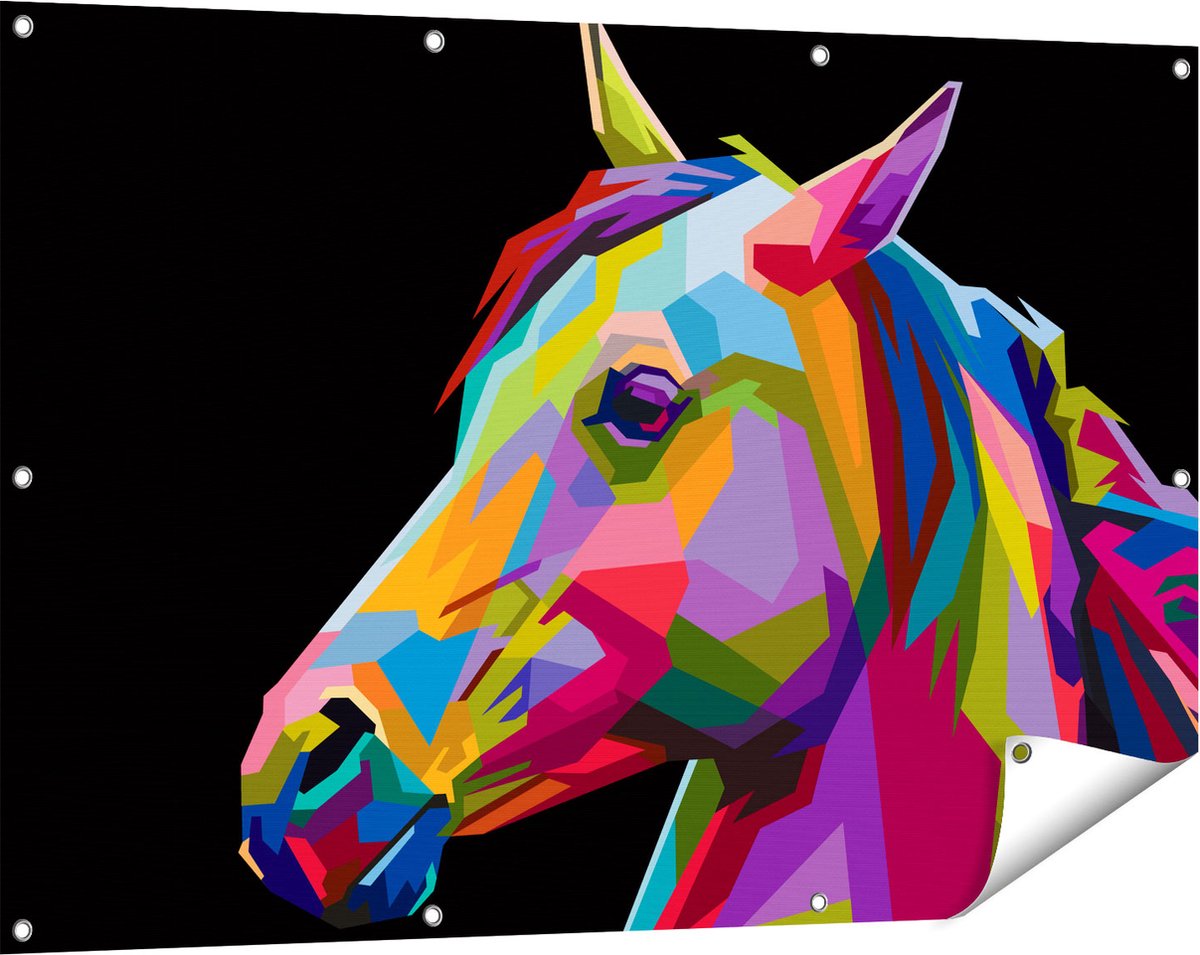 Gards Tuinposter Kleurrijke Paardenkop - Paard - Abstract - 120x80 cm - Tuindoek - Tuindecoratie - Wanddecoratie buiten - Tuinschilderij Multikleur