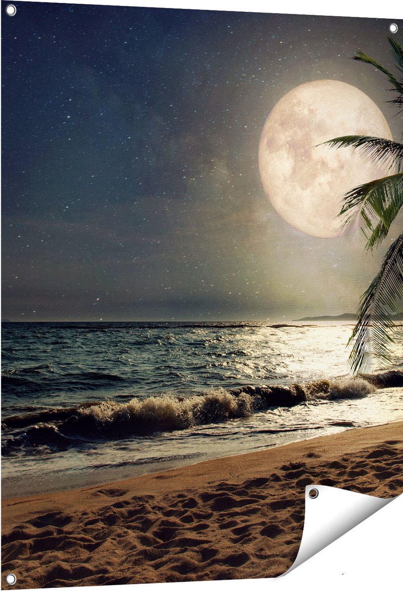 Gards Tuinposter Tropisch Strand in de Nacht met Volle Maan - 80x100 cm - Tuindoek - Tuindecoratie - Wanddecoratie buiten - Tuinschilderij Multikleur