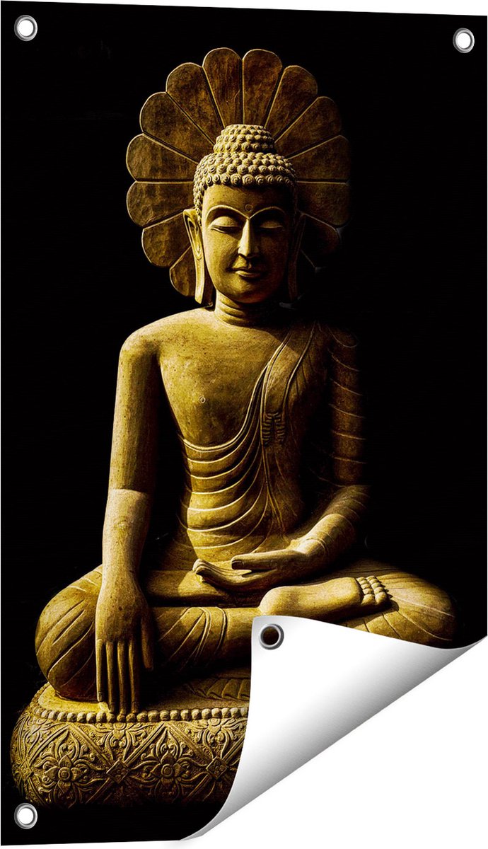 Gards Tuinposter Gouden Boeddha Beeld in Meditatie - 40x60 cm - Tuindoek - Tuindecoratie - Wanddecoratie buiten - Tuinschilderij Multikleur