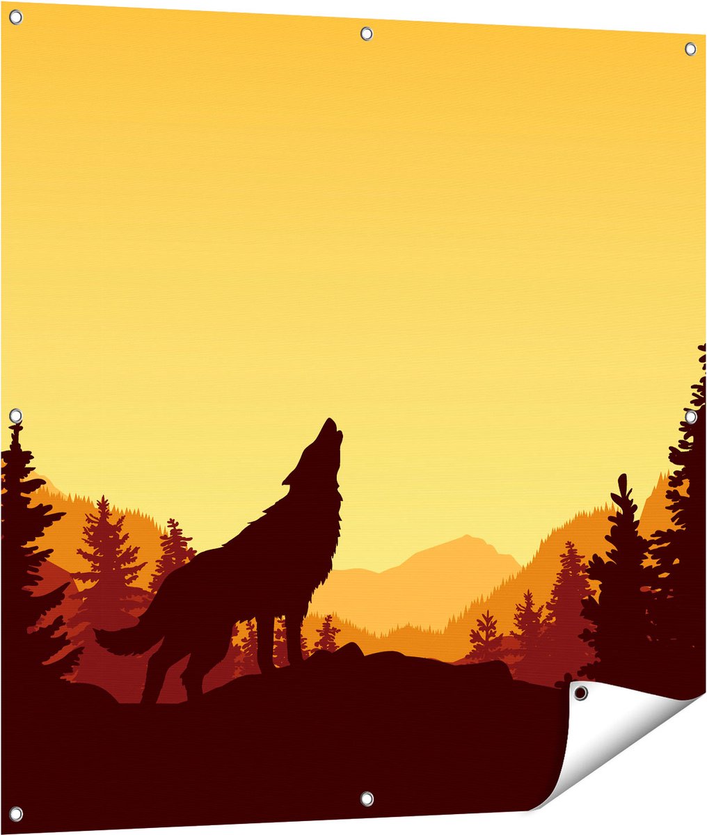 Gards Tuinposter Silhouet van een Wolf in het Bos - Abstract - 100x100 cm - Tuindoek - Tuindecoratie - Wanddecoratie buiten - Tuinschilderij Multikleur