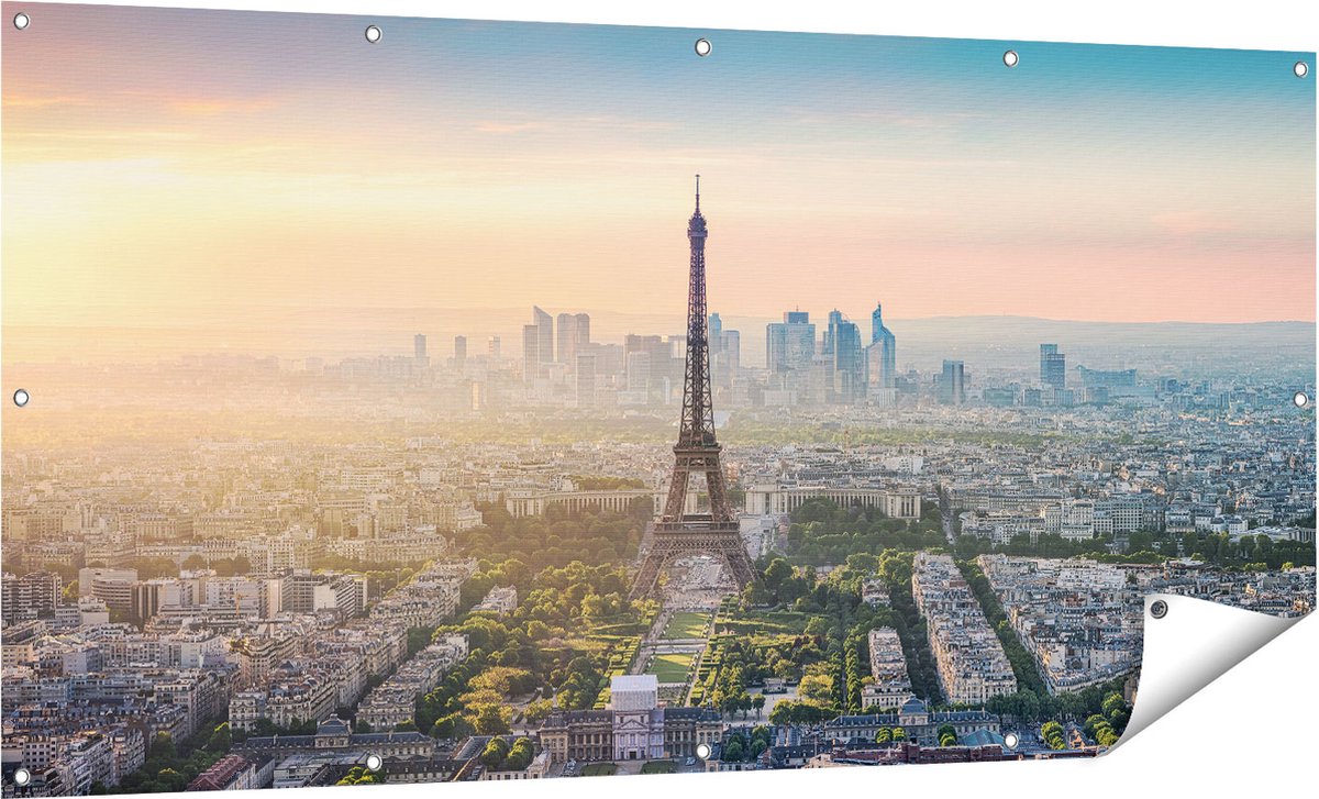 Gards Tuinposter Skyline van Parijs met de Eiffeltoren - 160x80 cm - Tuindoek - Tuindecoratie - Wanddecoratie buiten - Tuinschilderij Multikleur