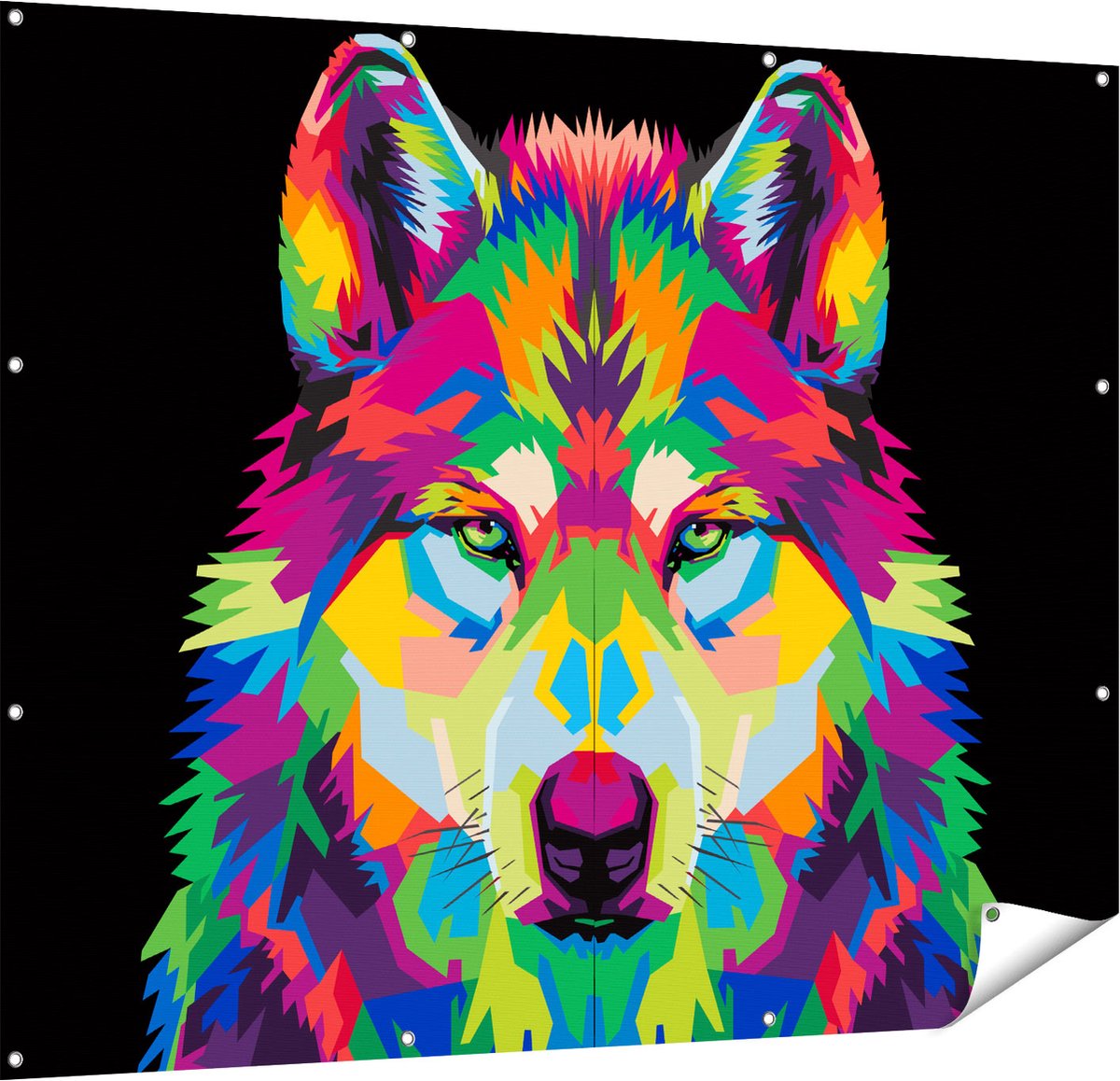Gards Tuinposter Gekleurde Wolvenkop - Wolf - Abstract - 150x120 cm - Tuindoek - Tuindecoratie - Wanddecoratie buiten - Tuinschilderij Multikleur