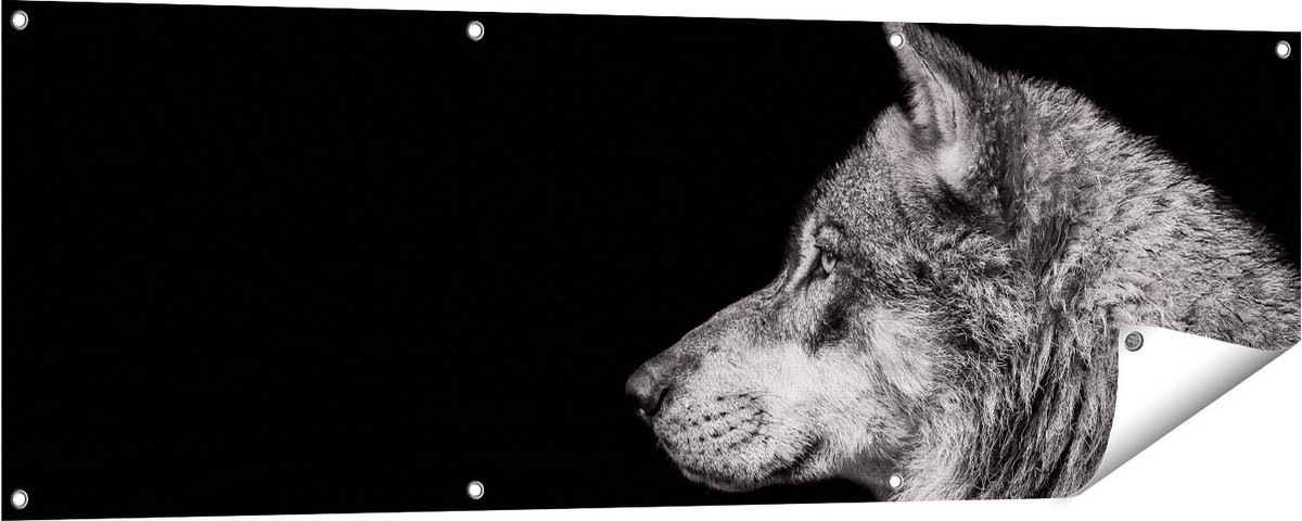 Gards Tuinposter Wolvenkop - Wolf - Zwart Wit - 150x50 cm - Tuindoek - Tuindecoratie - Wanddecoratie buiten - Tuinschilderij Multikleur
