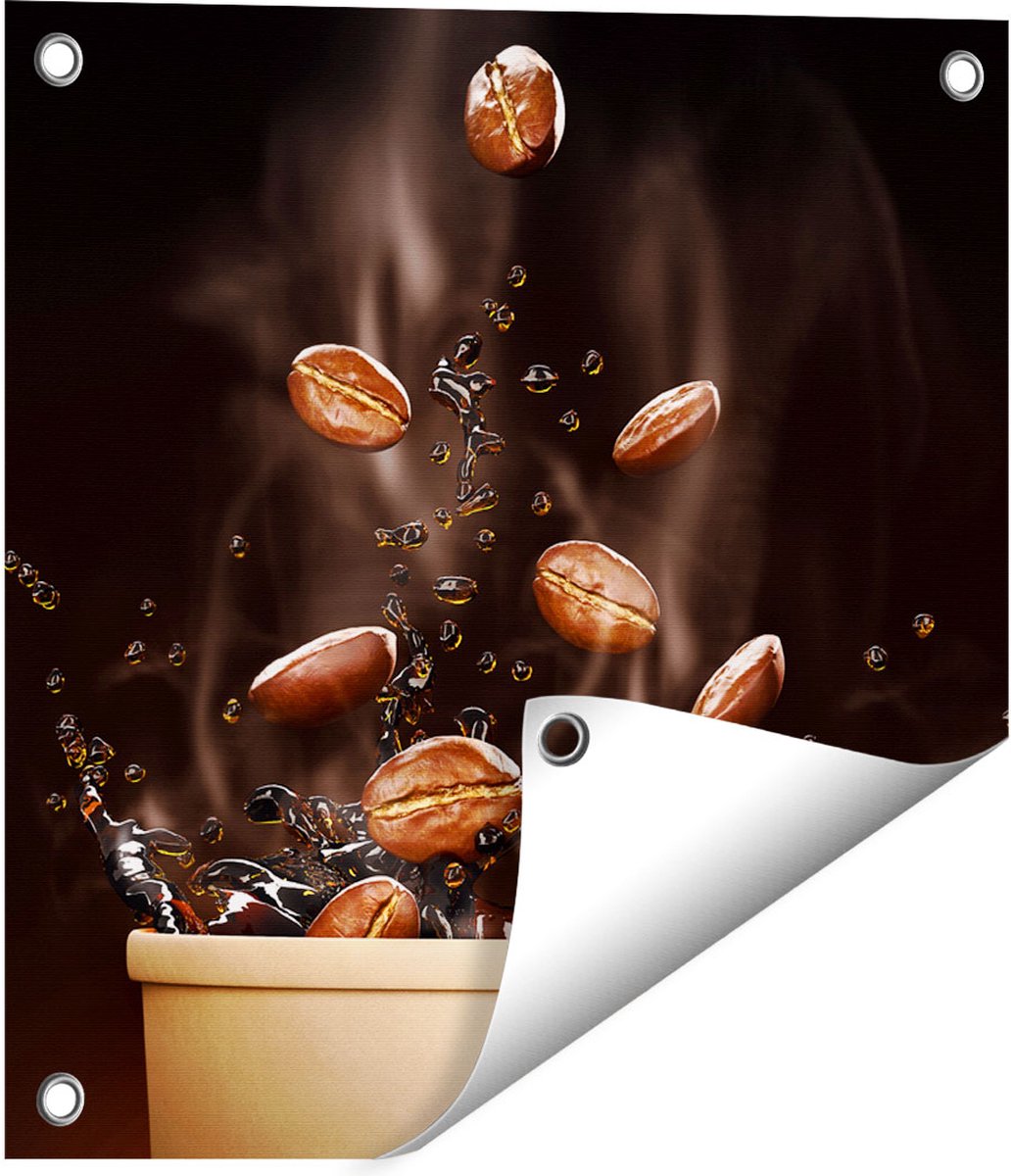 Gards Tuinposter Koffie Beker met Koffiebonen Erin - 40x40 cm - Tuindoek - Tuindecoratie - Wanddecoratie buiten - Tuinschilderij Multikleur