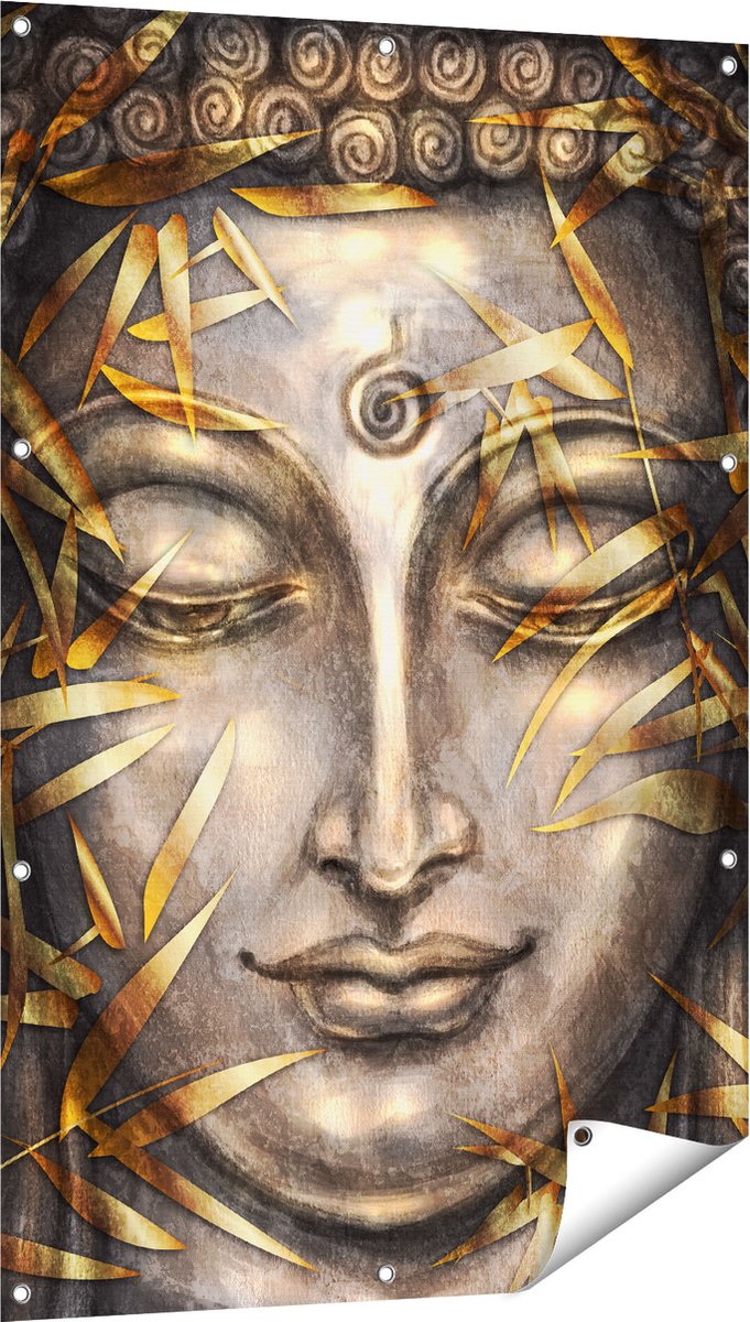 Gards Tuinposter Boeddha Beeld met Gouden Bladeren - 80x120 cm - Tuindoek - Tuindecoratie - Wanddecoratie buiten - Tuinschilderij Multikleur