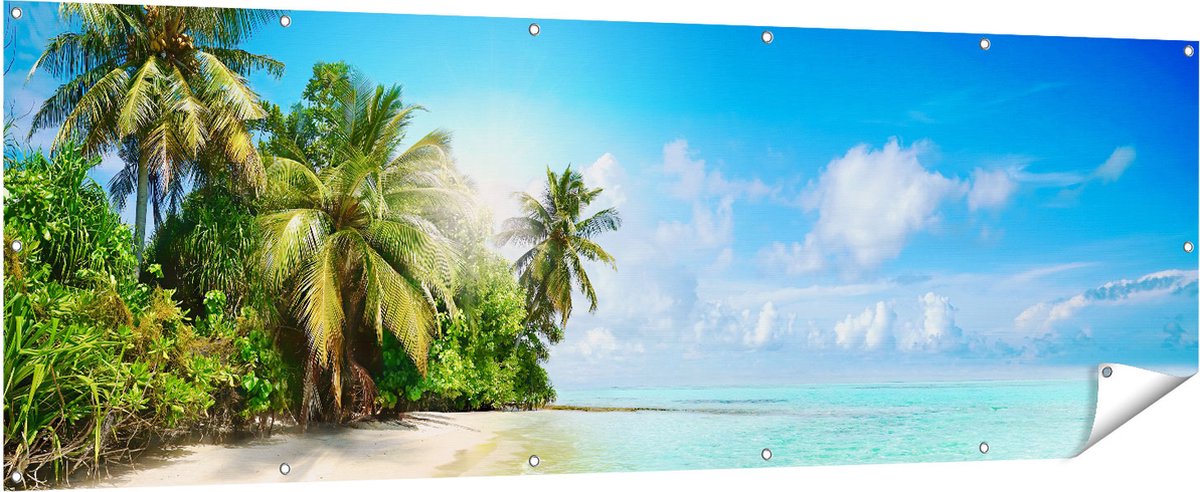 Gards Tuinposter Tropisch Strand bij de Licht Blauwe Zee - 210x70 cm - Tuindoek - Tuindecoratie - Wanddecoratie buiten - Tuinschilderij Multikleur