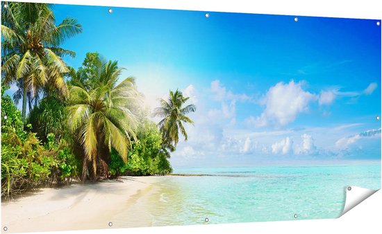 Gars Affiche de jardin Plage Tropicale à la Mer Bleu Clair - 200x100 cm - Toile jardin - Décoration de jardin - Décoration murale extérieur - Tableau jardin