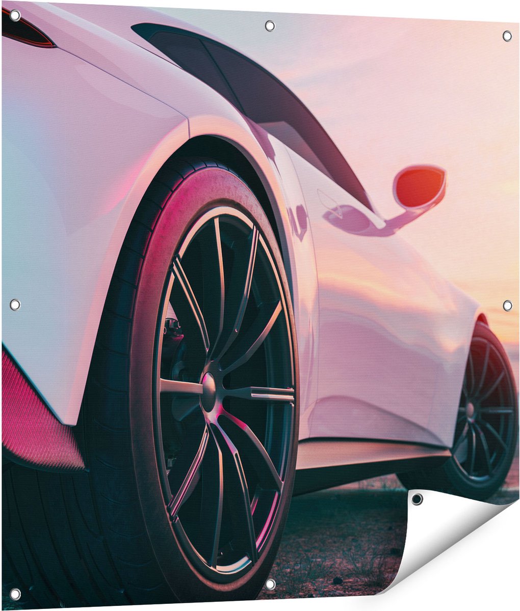 Gards Tuinposter Witte Sportwagen Auto - 90x90 cm - Tuindoek - Tuindecoratie - Wanddecoratie buiten - Tuinschilderij Multikleur