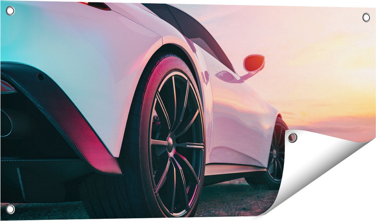 Gards Tuinposter Witte Sportwagen Auto - 80x40 cm - Tuindoek - Tuindecoratie - Wanddecoratie buiten - Tuinschilderij Multikleur