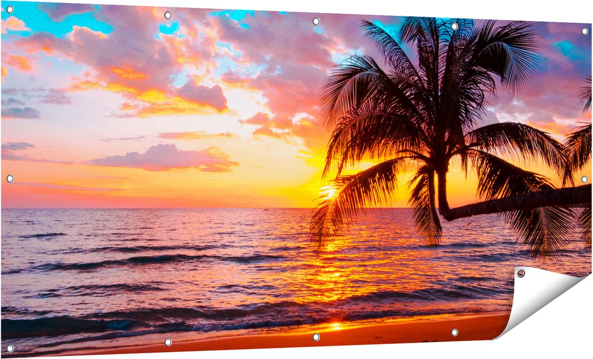 Gards Tuinposter Tropisch Strand tijdens Zonsondergang - 160x80 cm - Tuindoek - Tuindecoratie - Wanddecoratie buiten - Tuinschilderij Multikleur