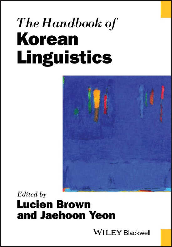 Boek 'The Handbook of Korean Linguistics' met op de omslag een abstract schilderij in blauw, met verticale strepen in rood, oranje en groen.