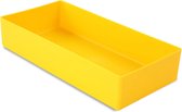 Sorteerbakje, materiaalbakje, inzetbakje, onderdelenbakje. 19,8 x 9,9 x 4,0 cm (LxBxH). Kleur is geel. Verpakt per 25 stuks!