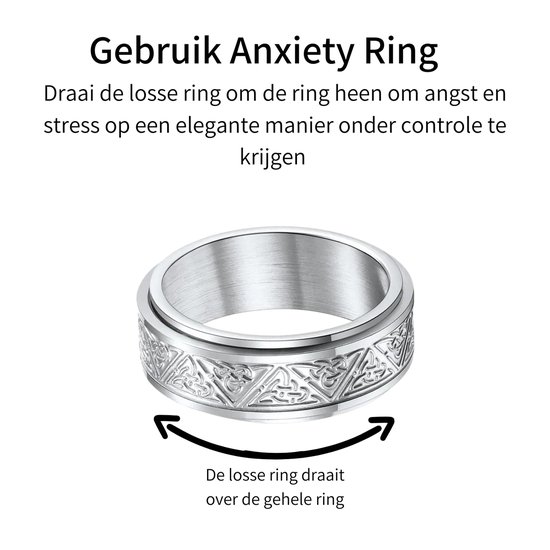 Zilverkleurige ring met Keltisch patroon, met tekst 'Gebruik Anxiety Ring'.