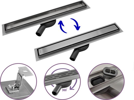 CityLine RVS douchegoot - 60 cm - Met 360 graden draaibare uitloop - Inclusief 2-in-1 omkeerbaar tegelrooster - Douchedrain