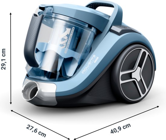 Dimensions d'un aspirateur Rowenta bleu.