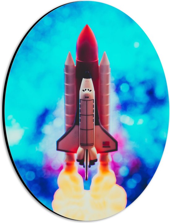 Dibond Ovaal - Speelgoed Raket met Start Rook - 21x28 cm Foto op Ovaal (Met Ophangsysteem)