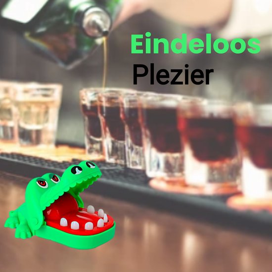 Thumbnail van een extra afbeelding van het spel Krokodil met Kiespijn – Krokodil spel - Drankspel - Inclusief 12 shotglaasjes en dobbelsteen