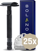 Bolano® Safety Razor Zwart Metallic + 25 RVS Scheermesjes Double Edge - Klassiek Scheermes voor Mannen en Vrouwen - Duurzaam Scheren - Zero Waste - RVS Aluminium en zinklegering