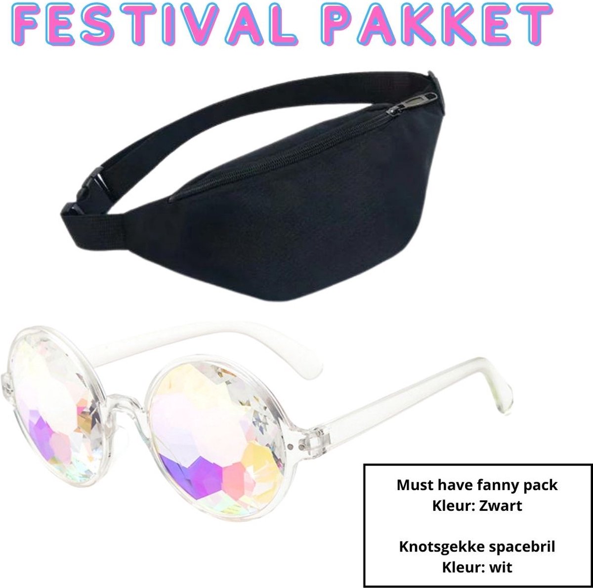 Heuptas / festival fanny pack (zwart) 30x14x8 - Festival bril/spacebril (transparant)