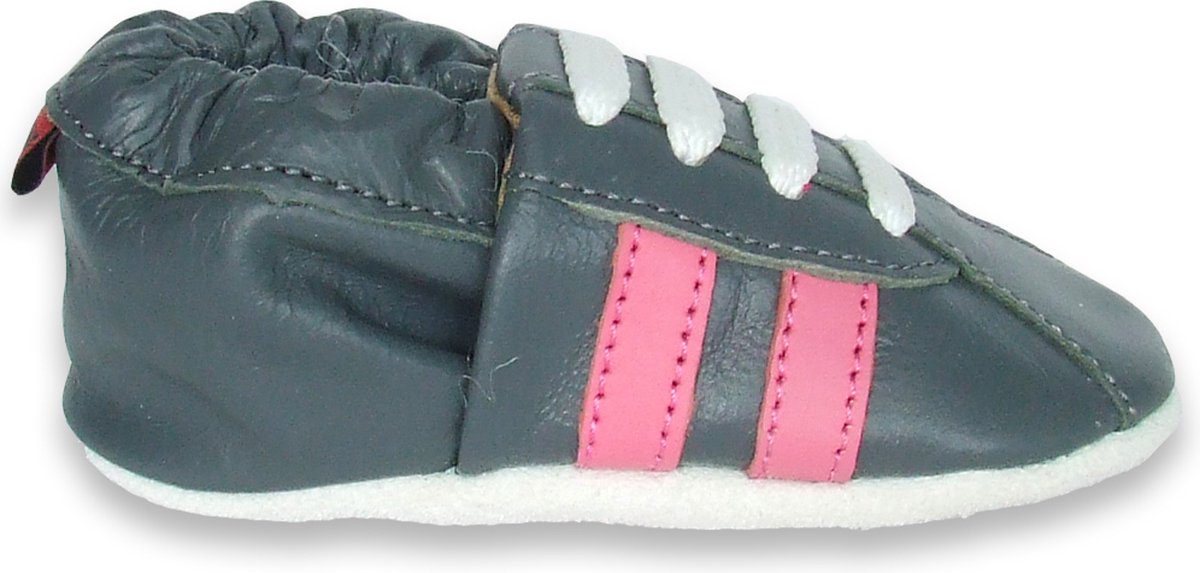 Aapie babyslofjes - Sneaker grijs roze - slofjes voor baby, dreumes - leer - antislip - eerste loopschoentjes - maat XL