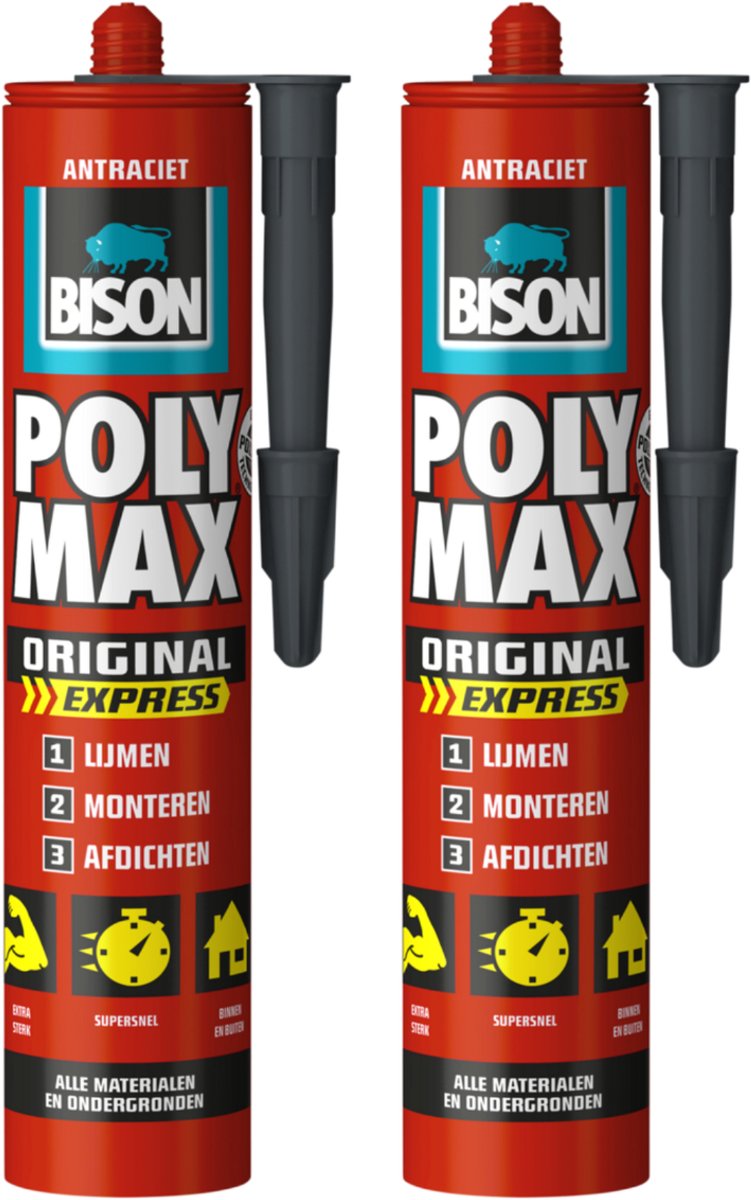 Bison poly max express - montagelijm - extra sterk - antraciet - 2 x 425 gram