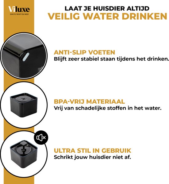 Viluxe® - Drinkfontein Kat en Hond - Geruisloos - 3 L - Zwart - met 3 gratis Filters