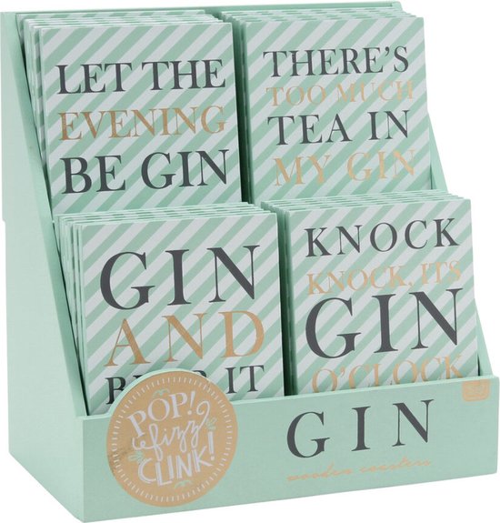CGB GIFTWARE POP, FIZZ, CLINK Turquoise & Gold GIN Set of 4 Wooden Drinks Coaster | 4 Separate Designs and Novelty | for Your Mugs and Glasses | Novelty Coasters 10x10cm