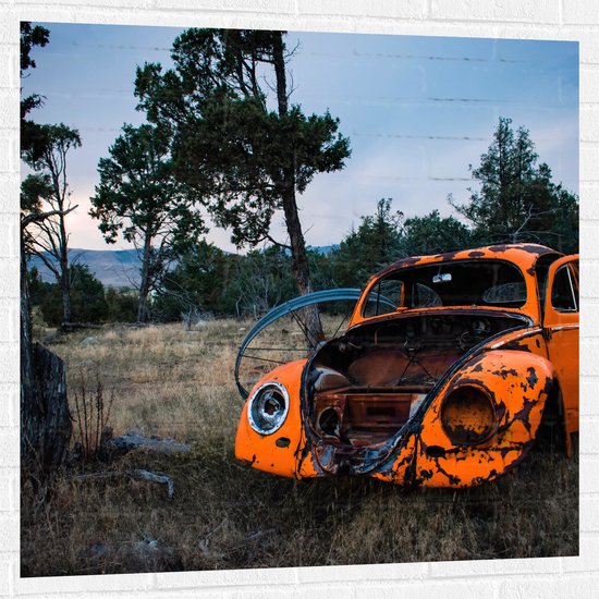 Muursticker - Kapotte Oranje Auto in landschap - 100x100 cm Foto op Muursticker