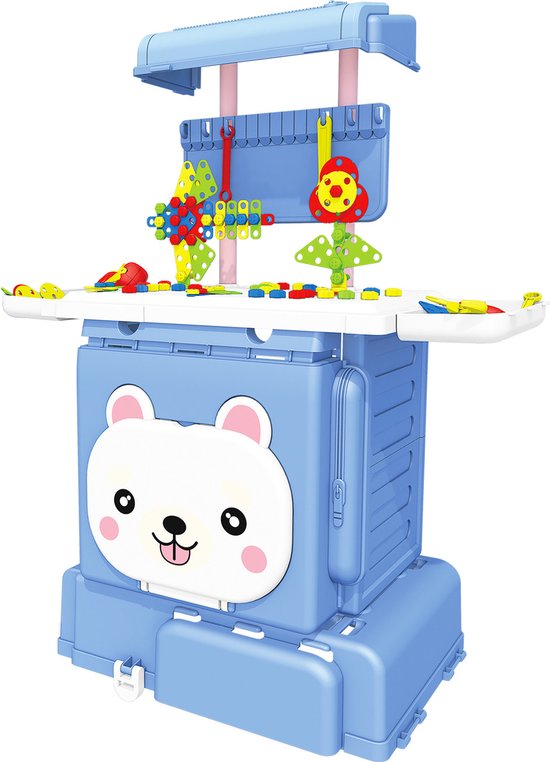 Bouwset met muziek en verhalen-Draagbare Werkbank-Alles-in-1 speeltafel-258 stuks - Draagbare werkbank-werktafel kinderen-activiteiten tafel-Educatief speelgoed 3jaar-Bouwenset-Speelgoed IQ-Blauw-Jongens speelgoed-Puzzel tas-Puzzel koffer