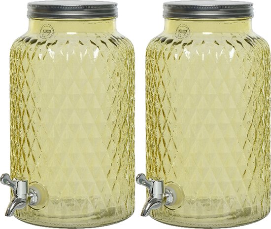 Decoris Drankdispenser/limonadetap met kraantje - 2x - glas - 5,5L - geel