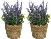 Everlands Lavendel kunstplant in plantenmand - 2x - paars - D12 x H26 cm