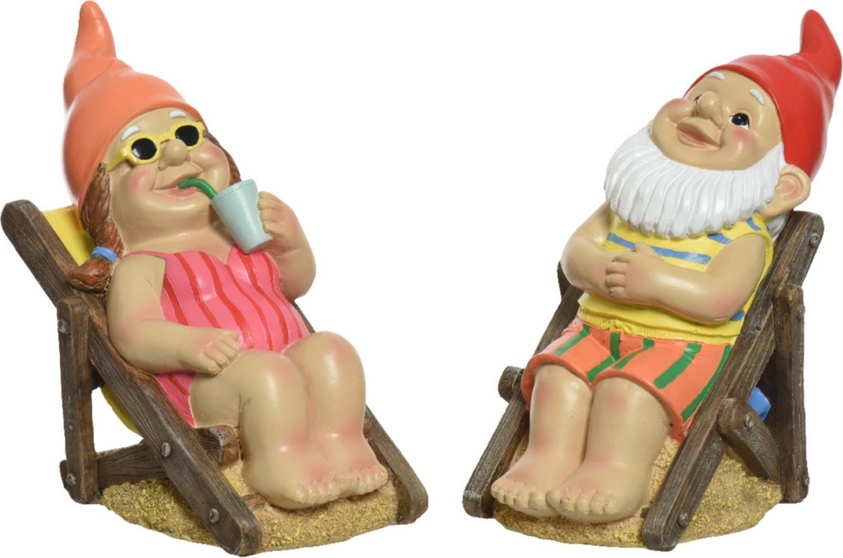 Ensemble de 2 nains de jardin - bain de soleil dans chaise de plage -  pierre... | bol.com