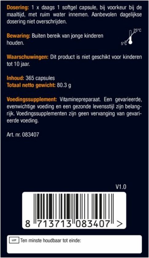 Achterkant van de doos met productinformatie: dosering, bewaren, waarschuwingen, inhoud en barcode.