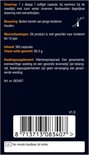 Achterkant van de doos met productinformatie: dosering, bewaren, waarschuwingen, inhoud en barcode.