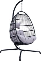 Bol.com Hangstoel Norway - Zwart Wicker & Touw Luxe Egg Hangstoel Met Dikke Grijze kussens Met Frame - Inklapbare Basket aanbieding