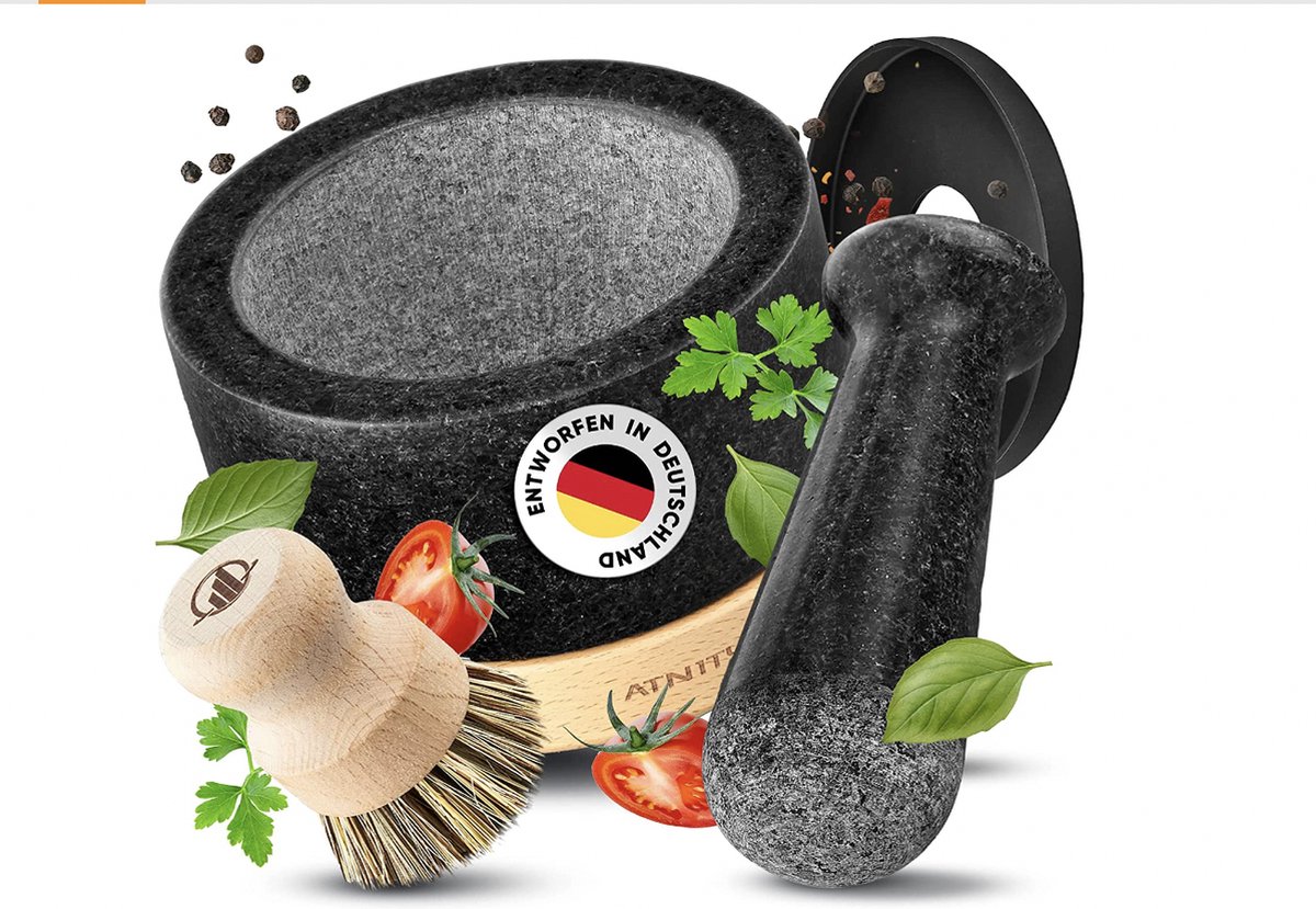 ATNITY Granite Mortar with Pestle Diameter 14.5 cm - Stone Mortar with Extra Long Pestle - Mortar on Elegant and Sturdy Beech Wood Base with Silicone Lid and Cleaning Brush in Set - ATNITY