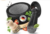 ATNITY Granite Mortar with Pestle Diameter 14.5 cm - Stone Mortar with Extra Long Pestle - Mortar on Elegant and Sturdy Beech Wood Base with Silicone Lid and Cleaning Brush in Set
