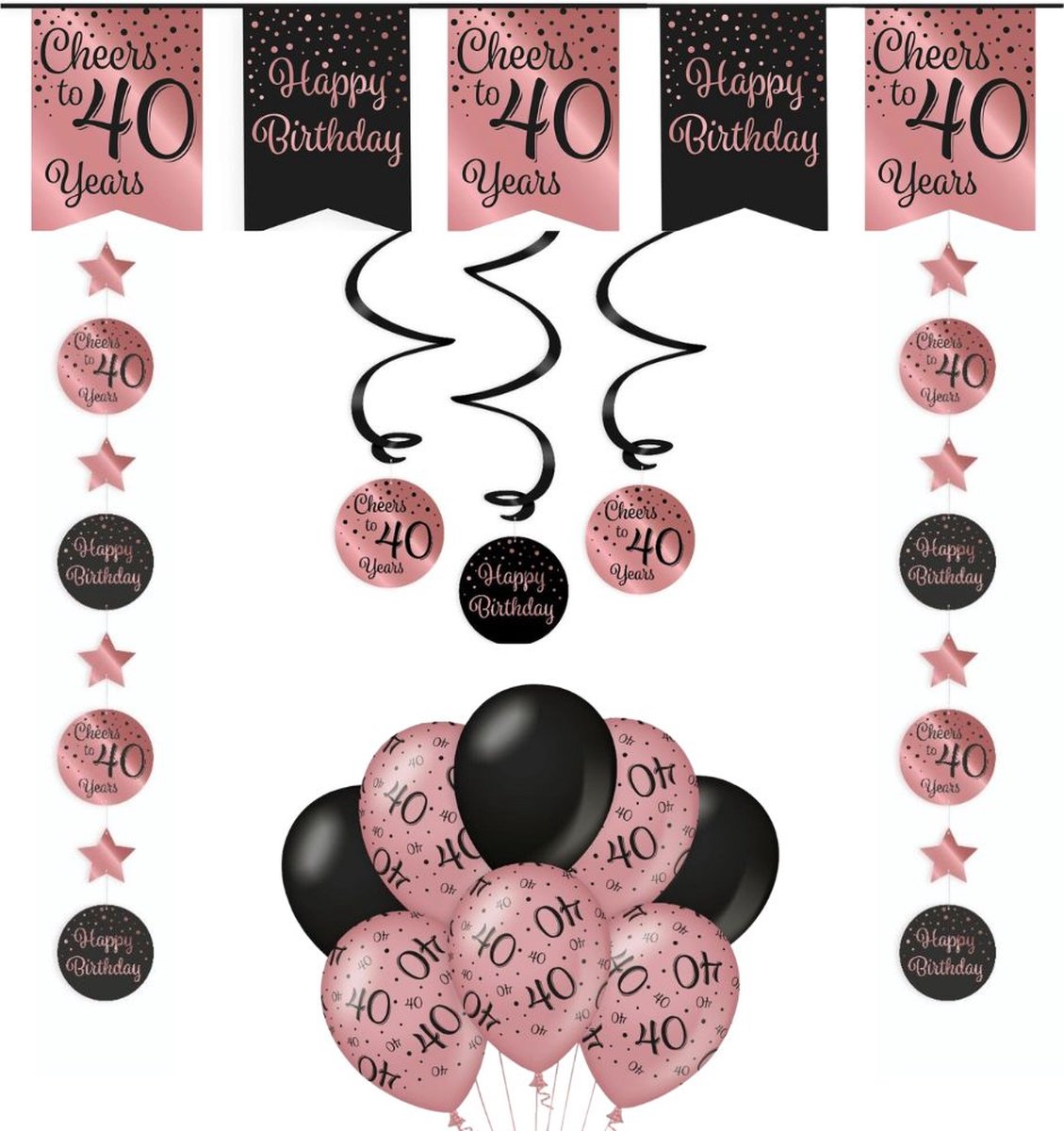 Verjaardag Versiering Pakket 40 Jaar - Zwart - Roze - 14 Stuks - Versiering - Decoratie - Feestpakket - Leeftijden - Slinger - Ballonnen - Hangdecoratie - Swirls
