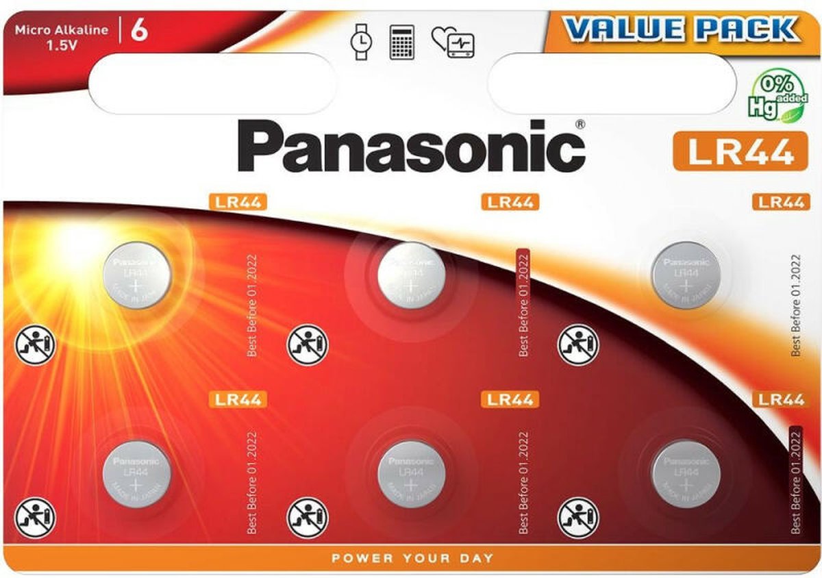 Panasonic LR44 1,5V Alkaline Knoopcel Batterij 6 stuks