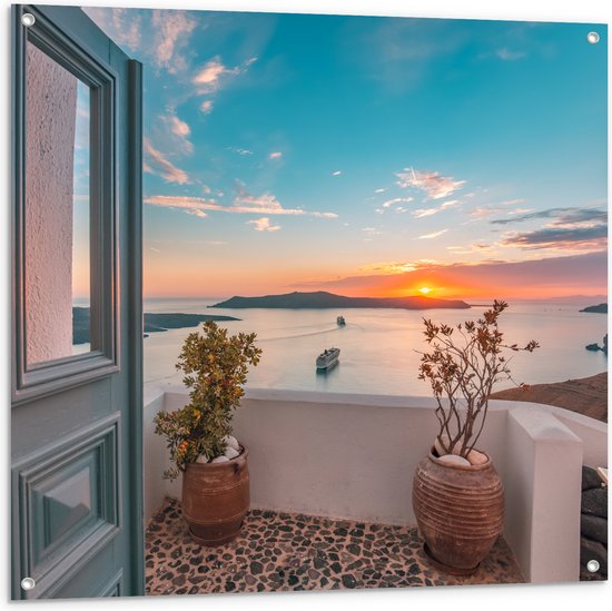 Tuinposter – Uitzicht op Zonsondergang in de Oceaan vanaf Grieks Balkon - 100x100 cm Foto op Tuinposter (wanddecoratie voor buiten en binnen)