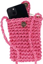 Telefoontasje dames crossbody - Schoudertasje telefoon - Gevlochten papierstro - Roze