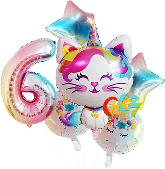 Eenhoorn Ballonnen Set - 6 Jaar - 6 Stuks - Kinder Verjaardag - Thema Feest Unicorn - Eenhoorn Kinderfeestje - Feestversiering / Verjaardag Ballonnen - Kat - Meisjes Versiering - Roze Ballon - Witte ballon - Multi colors - Regenboog - Helium