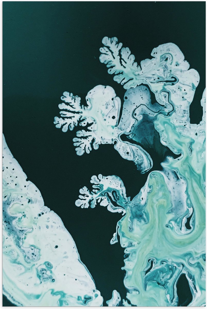 Poster Glanzend – Blauw, Groen en Witte Verf op Donkergroene Achtergrond - 60x90 cm Foto o