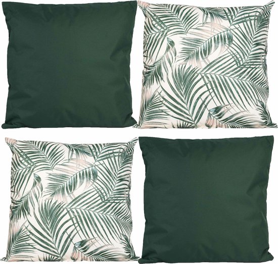 Anna Collection Bank/sier/tuin kussens - binnen/buiten - set 4x stuks - groen/palm print - 45 x 45 cm
